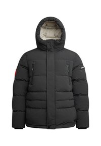 Sort dunjakke med hætte. Har en lynlåslomme på brystet, elastiske manchetter og kviltet design. Foret med en kontrastfarvet beige inderside.