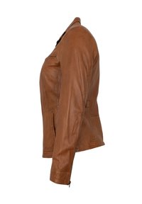 Braune Lederjacke mit schmaler Passform, ausgestattet mit einem Reißverschluss, zwei Seitentaschen und Zierrnähten an den Schultern.