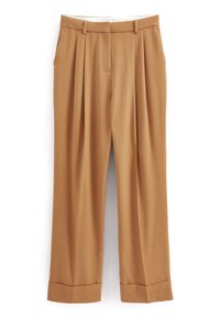 Beige geplooide broeken met een getailleerde pasvorm, gemaakt van lichte stof, met een tailleband en omgeslagen manchetten aan de zoom.