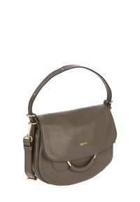 Sac à main en cuir olive avec un rabat courbé, quincaillerie dorée et une courte poignée. Doté d'une finition texturée et d'un logo subtil.