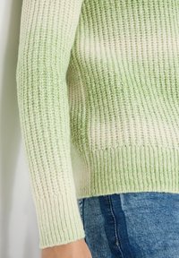 Pull rayé avec une texture en maille côtelée, dégradé de vert pâle à crème, avec un poignet et un ourlet ajustés, assorti à un denim.