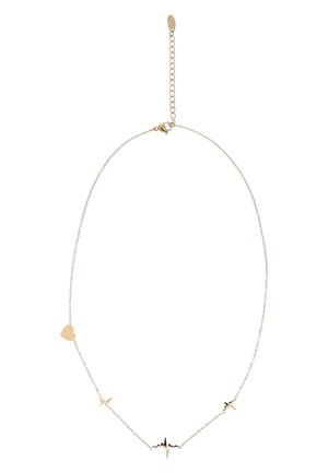 Fijne gouden kettink met hartvormige hanger en drie elektrocardiogram (hartslag) ontwerpen die gelijkmatig over de ketting zijn verdeeld.