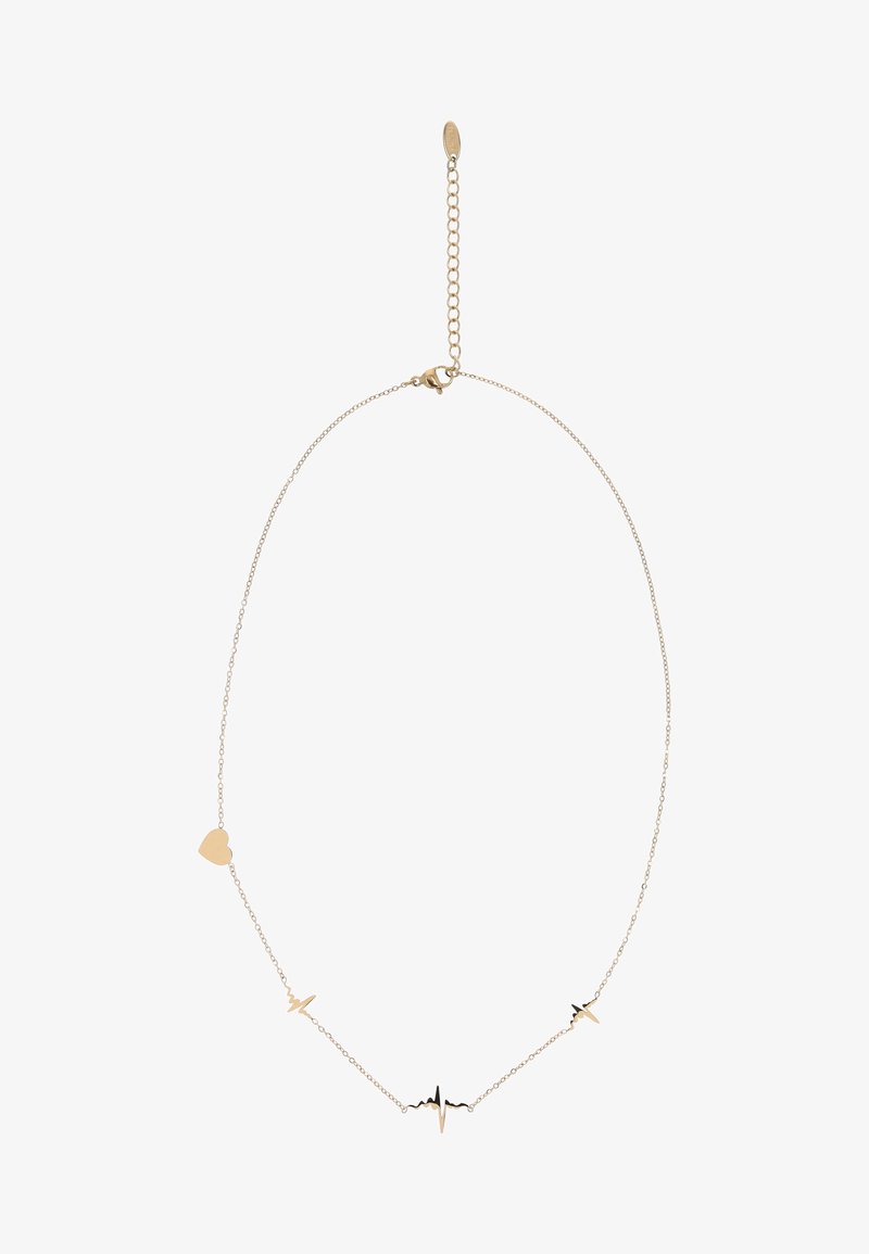 Zarte Goldkette mit Herzanhänger und drei gleichmäßig entlang der Kette verteilten Elektrokardiogramm-(Herzschlag-)Motiven.