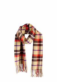 Bufanda de cuadros beige con acentos en rojo, marrón y morado. Hecha de material suave, con flecos en los extremos y un patrón clásico a cuadros.