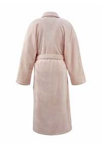 Accappatoio in pile rosa chiaro con maniche lunghe, cintura avvolgente e tessuto testurizzato. Presenta un colletto arrotondato e un design lungo fino al ginocchio.
