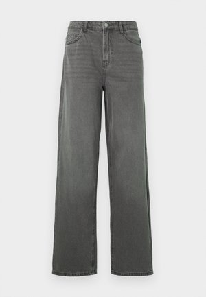 Calças de ganga cinzentas com perna larga, cintura alta, cinco bolsos e fecho de botão. Apresentam uma textura subtil e acabamento limpo na bainha.