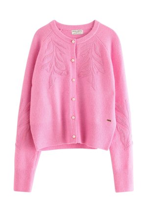 Rosa stickad cardigan med bladmönster, pärlknappar, ribbad nederkant och ärmslut. Tillverkad av mjukt tyg och har en rundad halsringning.