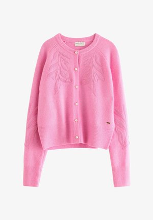 Cardigan rosa lavorato a maglia con motivo a foglia, bottoni perla, orlo e polsini a costine. Realizzato in tessuto morbido, presenta un neckline arrotondato.
