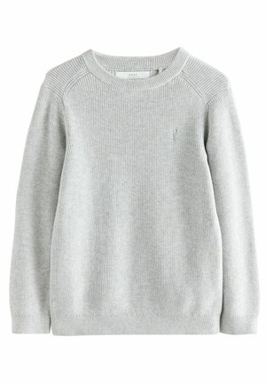 Light gray knitted long-sleeve crewneck sweater with ribbed cuffs, hem, and neckline, displayed on a white background.