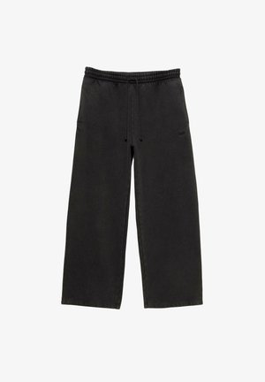 Sorte bukser med brede ben lavet af blødt stof, med et elastisk taljebånd og en snor samt sidelommer. Minimalistisk design, ingen mønster.