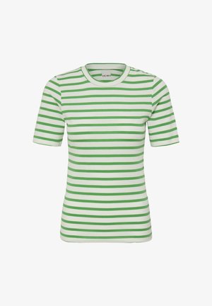Zaļi baltas svītrotas īsroku T-krekls no mīksta kokvilnas, ar klasisku apaļu kaklu un taisnu apakšmalu.