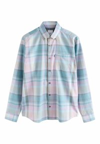 Camicia con bottoni in un motivo a quadri pastello, che presenta tonalità di blu, rosa e bianco. Maniche lunghe e una tasca sul petto. Tessuto liscio.