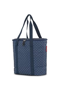 Bolsa de tote aislante azul con puntos, con cierre de cremallera, dos asas resistentes y un bolsillo frontal. Tela duradera con un acabado texturizado.