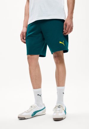 Hombre que lleva shorts Puma de color verde azulado con logo amarillo, calcetines Puma blancos, zapatillas blancas y verde azulado, y una camisa blanca visible desde la cintura hacia abajo.