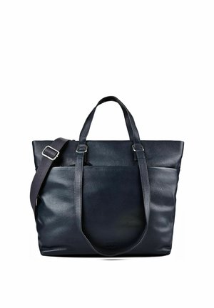 Schwarze Ledertasche mit zwei Griffen und einem verstellbaren Schulterriemen auf weißem Hintergrund.