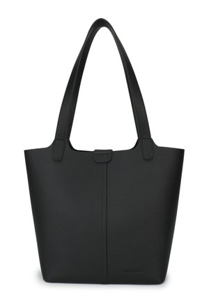 Sac cabas en cuir noir texturé avec deux longues poignées et une petite fermeture par lanière sur le devant, design simple et structuré.