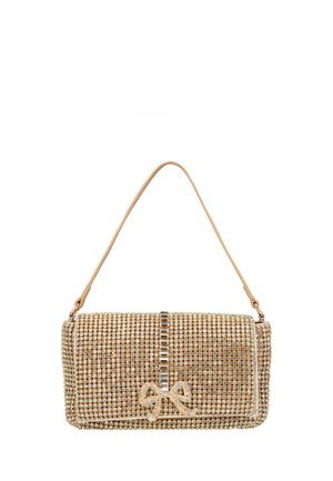 Mała prostokątna złota wieczorowa torebka pokryta cyrkoniami, z górnym uchwytem i detalem w postaci kokardy z cyrkonii na klapie.