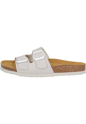 Light gray slide sandal with two adjustable straps, white buckles, and a cork sole. Features a textured footbed and rubber outsole.
