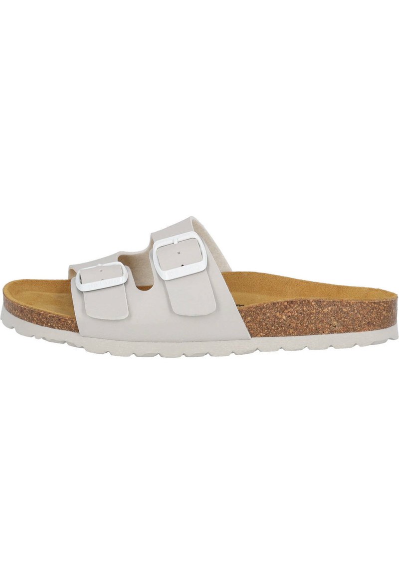 Light gray slide sandal with two adjustable straps, white buckles, and a cork sole. Features a textured footbed and rubber outsole.