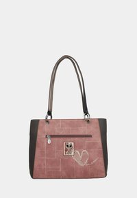Pink- und braune Tragetasche mit Lederbesatz, ausgestattet mit einer Front-Reißverschlusstasche, geprägten Mustern und einem dekorativen Cartoon-Charakter-Patch.