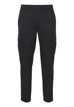 Pantaloni cargo neri con design a gamba dritta, realizzati in tessuto resistente, dotati di due tasche laterali e chiusura con bottone in vita.