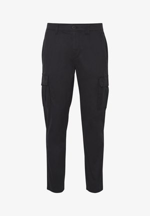 Pantalones cargo negros con un diseño de pierna recta, fabricados con un material duradero, con dos bolsillos laterales y un cierre de botón en la cintura.