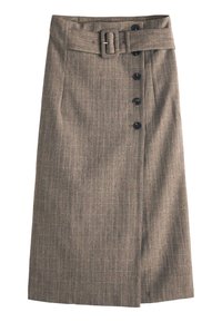 Jupe midi beige à carreaux avec taille ceinturée, fermeture à boutons à l'avant et fente sur le côté. Fabriquée en tissu texturé, elle présente des boutons noirs.