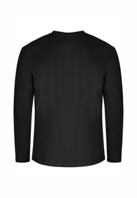 Schwarzes Langarmshirt mit rundem Ausschnitt. Glattes Gewebe mit normaler Passform, mit genähten Säumen und ohne sichtbare Logos oder Muster.