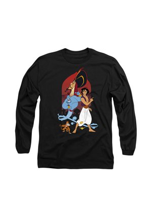 Black long-sleeve shirt featuring cartoon characters: a blue genie, a man in white pants, a monkey, and a yellow bird, all outlined in vibrant colors.
