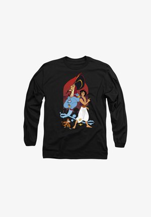Schwarzes Langarmshirt mit Cartoonfiguren: einem blauen Genie, einem Mann in weißen Hosen, einem Affen und einem gelben Vogel, alle in lebhaften Farben umrandet.