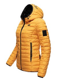 Yellow puffer jacket with a hood, featuring a quilted design, black zipper, side pockets, and a logo patch on the left sleeve.