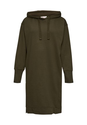 Olijfgroen hoodie jurk van zachte stof, met een kangoeroezak, een hoodie met trekkoord en lange mouwen met ribgebreide manchetten.