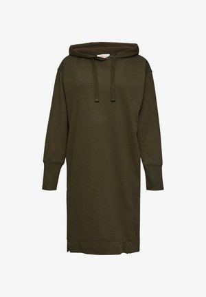 Olijfgroen hoodie jurk van zachte stof, met een kangoeroezak, een hoodie met trekkoord en lange mouwen met ribgebreide manchetten.