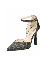 Sort og brun mønstret højhælet sko med spids tå, ankelrem og tekstureret finish. Udstyret med en slank stiletto hæl.