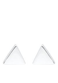 Silberne dreieckige Ohrringe mit polierter Oberfläche. Jeder Ohrring hat scharfe Kanten und eine glatte Textur, die das Licht effektiv reflektiert.
