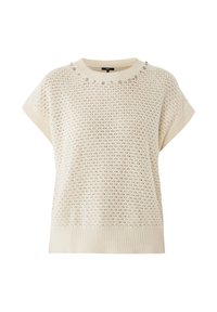 Strickpullover in Off-White mit strukturiertem Muster und kurzen Ärmeln. Verfügt über einen gerippten Kragen mit dekorativen Akzenten.