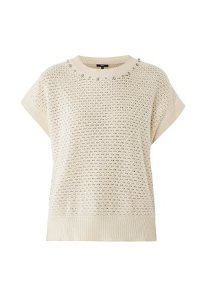 Gebreide sweater in off-white met een textuurpatroon en korte mouwen. Heeft een geribde hals met decoratieve accenten.