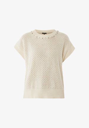 Sweter robiony na drutach w kolorze off-white z teksturowym wzorem i krótkimi rękawami. Posiada prążkowany dekolt z dekoracyjnymi akcentami.