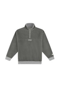 Grauer Fleece-Pullover mit einem halben Reißverschluss, hohem Kragen und grauen Rippbündchen. Verfügt über ein kleines Logo auf der Brust und eine weiche Textur.