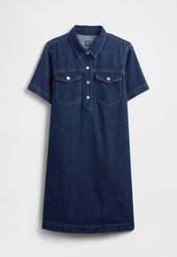 Jeans obleka v temno modri barvi z ovratnikom, kratkimi rokavi, sprednjim zapenjanjem na gumbe in dvema prsnih �žepoma s srebrno okovjem.