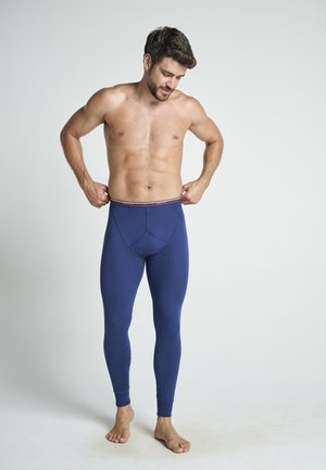 Marineblaue Thermoleggings aus weichem Stoff, mit taillierter Passform, elastischem Bund mit roten und weißen Akzenten und gerippten Knöchelbündchen.