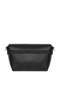 Czarna skórzana sakiewka o teksturowanej powierzchni, prostokątnym kształcie, z zapięciem na zamek i srebrnymi dodatkami po bokach.