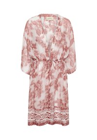 Robe rose clair longueur genoux avec imprimé floral, tissu transparent, taille élastique et manches bouffantes trois-quarts.