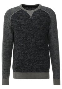 Langärmliger Pullover mit Rundhalsausschnitt aus dunkelblauem und grauem Strukturstoff, graue gerippte Bündchen, Saum und Kragen sowie einem kleinen V-Stich-Detail unterhalb des Halses.