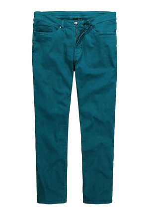 Pantalons en denim teal au design droit, dotés de cinq poches, d'une fermeture éclair à l'avant et d'un bouton. Détails cousus le long des coutures.