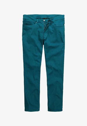 Pantaloni in denim teal con design a gamba dritta, dotati di cinque tasche, chiusura frontale con zip e bottone. Dettagli cuciti lungo le cuciture.
