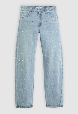 Jean en denim bleu clair à coupe décontractée, ornés de sequins argentés dispersés et d'un design classique à cinq poches.