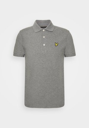 Polo gris à manches courtes avec trois boutons blancs et un petit logo oiseau jaune sur la poitrine gauche.