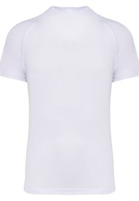 Short-sleeve, fitted white t-shirt made of lightweight fabric, featuring a smooth texture and a round neckline with stitched detailing.