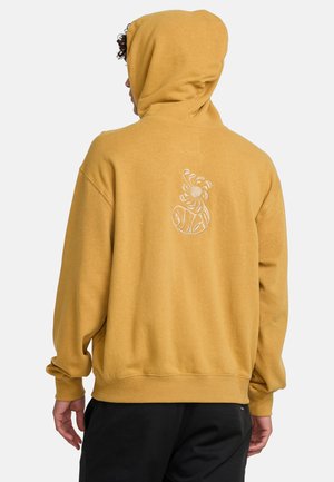 Yellow hoodie made from soft fabric, featuring a kangaroo pocket, ribbed cuffs, and a patterned logo on the back.